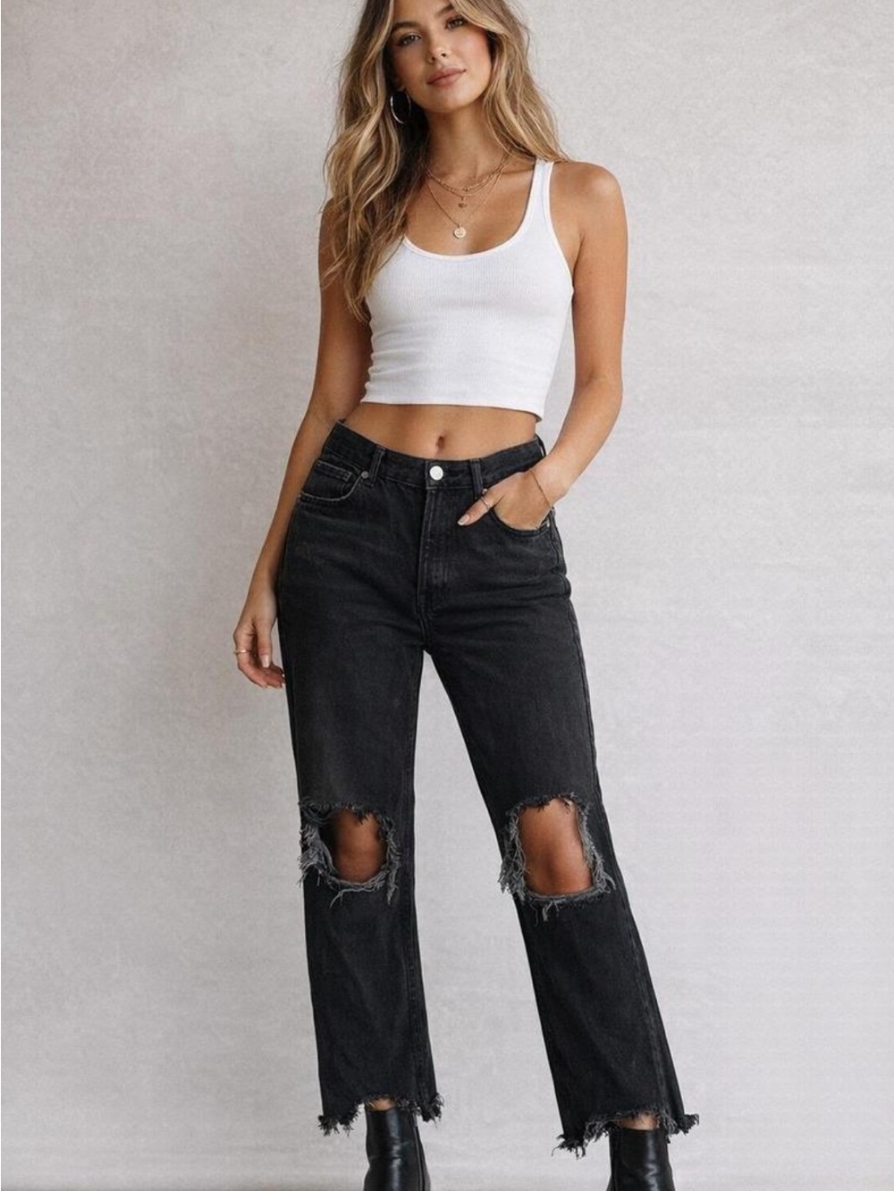 Free People We the Free Black Distressed Straight Leg Jeans Size 26